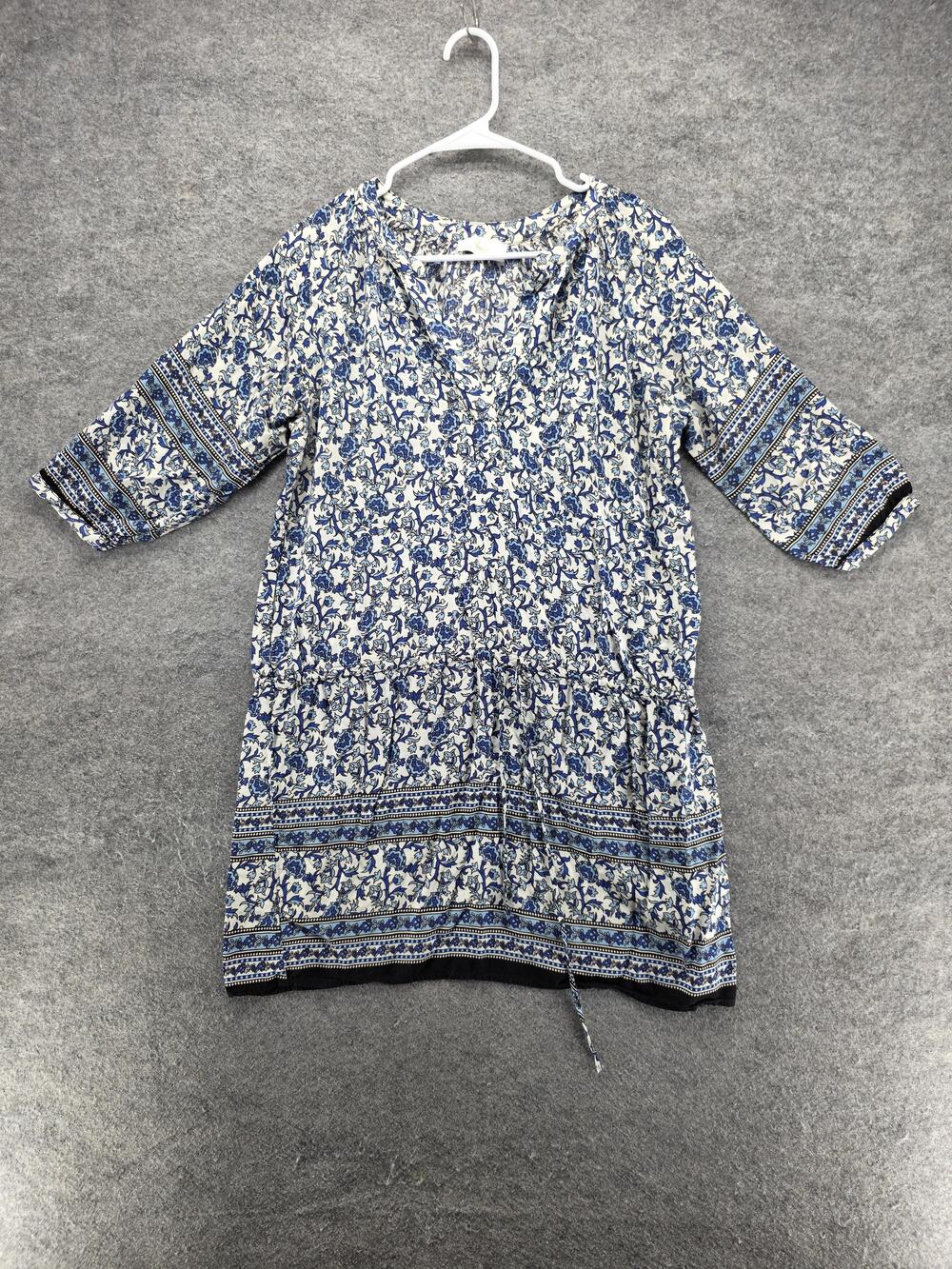 Braeve Dress Womens Small Blue Floral 3/4 Sleeve V Neck Boho Shift Mini Casual